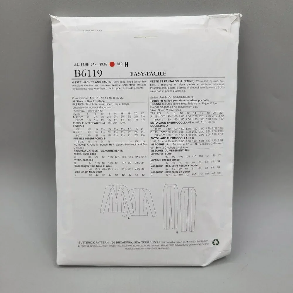 See & Sew B6119 Sewing Pattern Misses Jacket Pants Sizes 6-22 Semi-Fitted UNCUT
